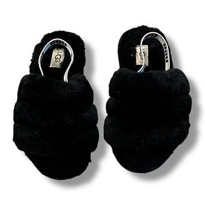 Kids UGG Fluff Yeah Slide Slippers Spell out Elastic Heel Strap Black Toddler 12
